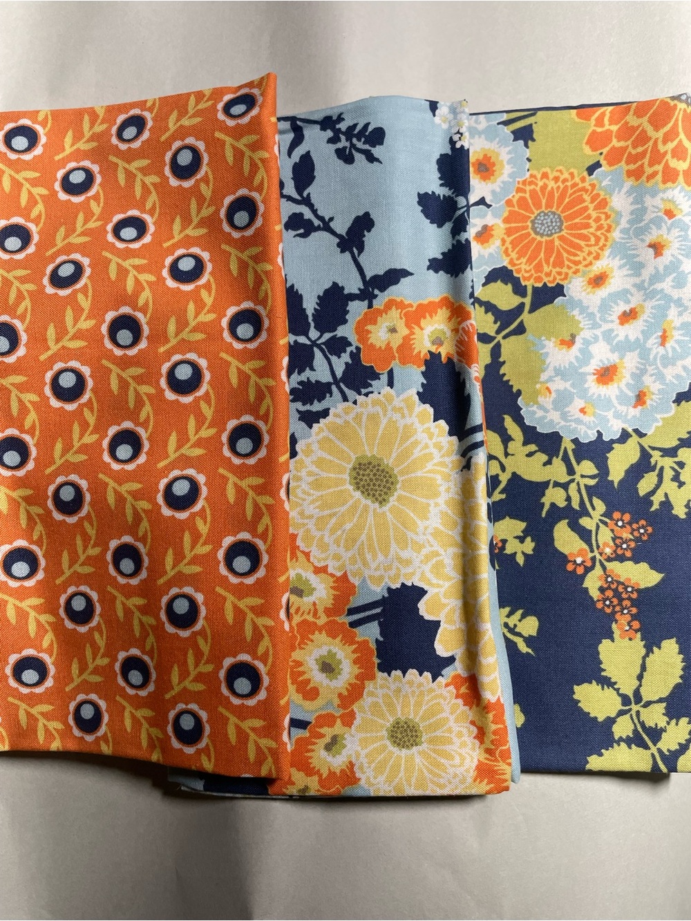(3) 18x21" Fat Quarters Floral Roses Pattern Blue Orange Green Cotton Fabric